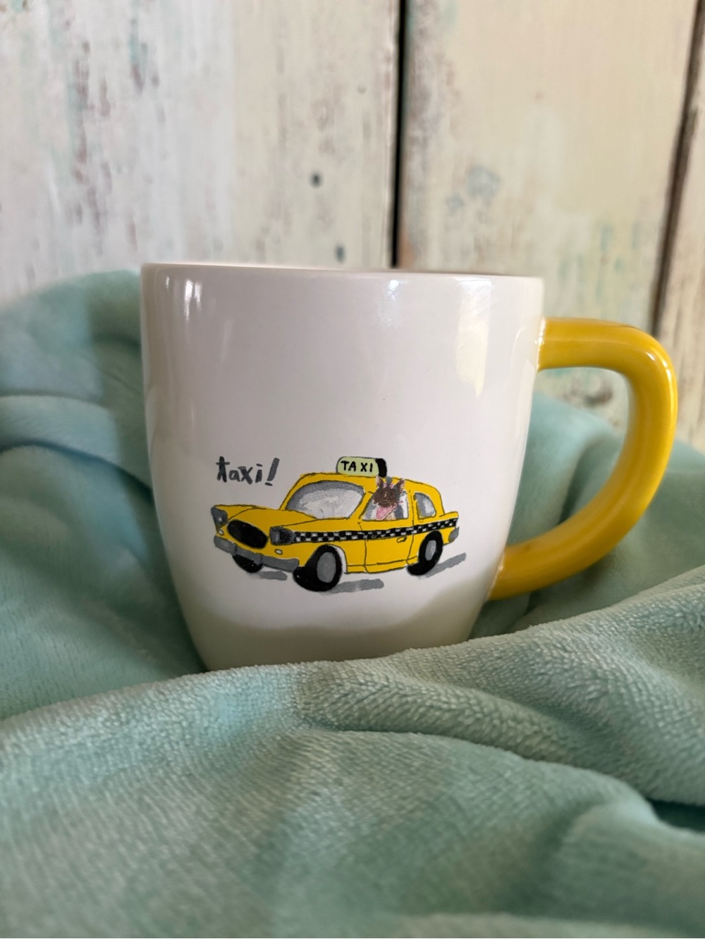 Rae Dunn White Ceramic Mug with Yellow Taxi and Yellow Handle